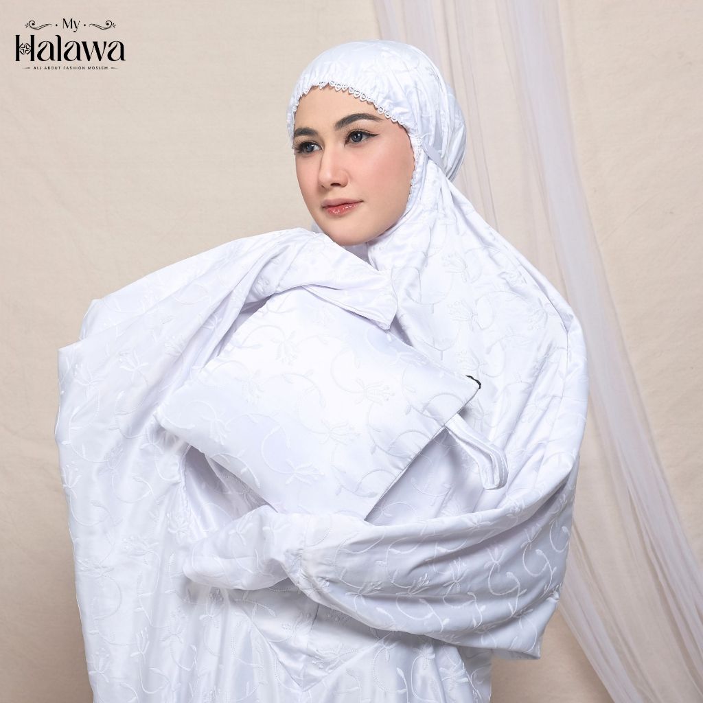 HALAWA - Mukena Terusan Dewasa Sutra Paris Putih Catalina Premium