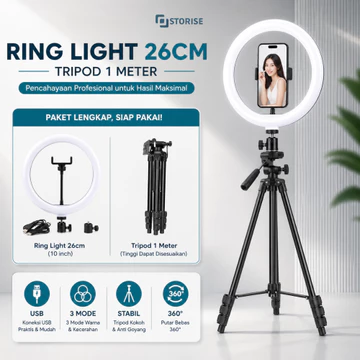 STORISE Paket Komplit Ring Light 26cm Tripod 1 Meter Stand Hp Make Up Vlog Lampu Ringlight
