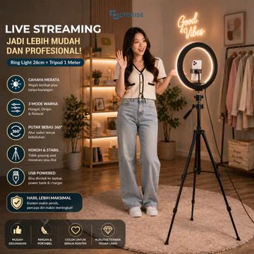 STORISE Paket Komplit Ring Light 26cm Tripod 1 Meter Stand Hp Make Up Vlog Lampu Ringlight