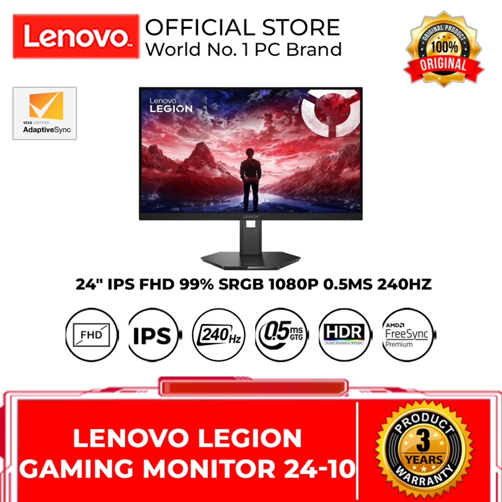 LENOVO LEGION GAMING MONITOR 24 INCH LEGION 24-10 IPS FHD 99% SRGB 1080P 0.5MS 240HZ FULL ERGONOMIC