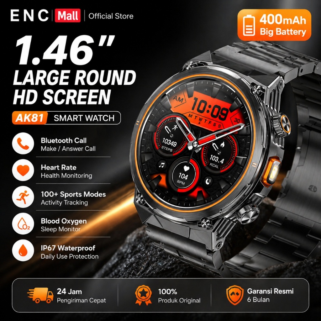 Jual ENC AK81 Smartwatch Pria Military 1.46” HD, Bluetooth Call, 400mAh ...