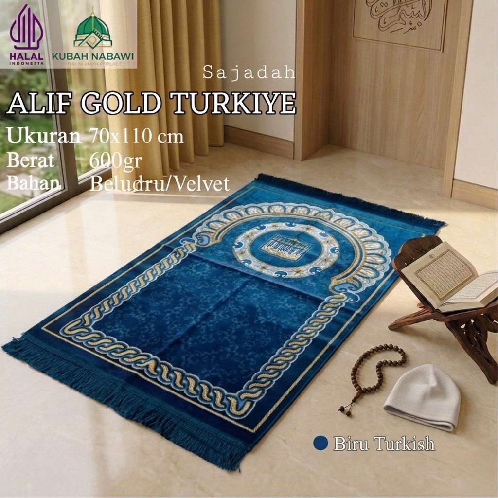 ALIF TURKIYE GOLD SPIGEL 70x110cm Dewasa|Sajadah Turki Premium Beludru Super Tebal Halus Empuk Kado