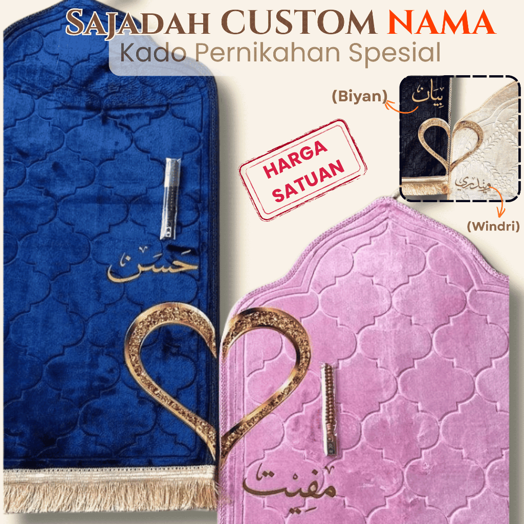 Sajadah Custom Nama Arab – Sajadah Pertama Pernikahan | Kado Spesial & Berkesan