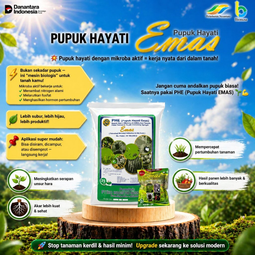 Pupuk Hayati Emas (PHE) NPK Organik untuk Tanaman Perkebunan, Holtikultura, dan Pangan