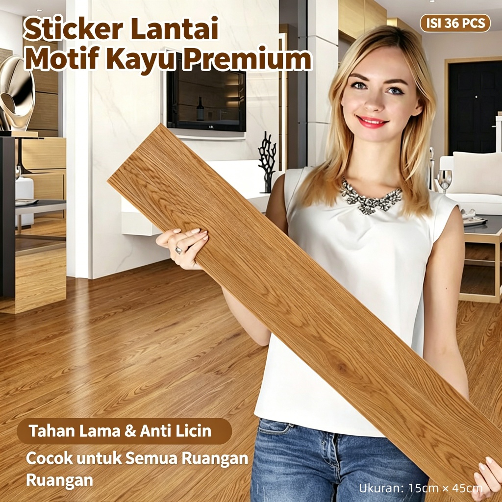 Lantai Vinyl Kayu Self Adhesive Anti Air Anti Slip Mudah Dibersihkan 15cm x 45cm Isi 36 Pcs Lantai Sticker Dinding Lantai Rumah Kamar Tidur Ruang Tamu