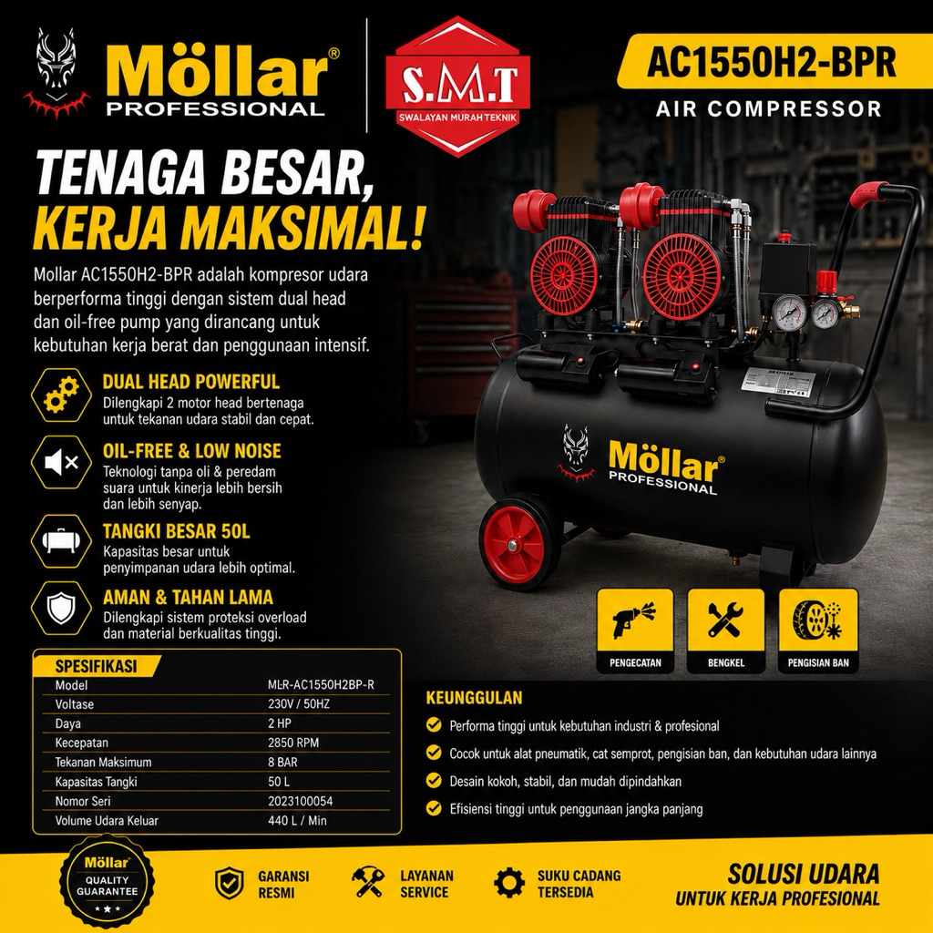Jual Kompresor Oiless 2x1HP 50Liter MOLLAR AC1550H2BP-R 2HP Silent Air ...
