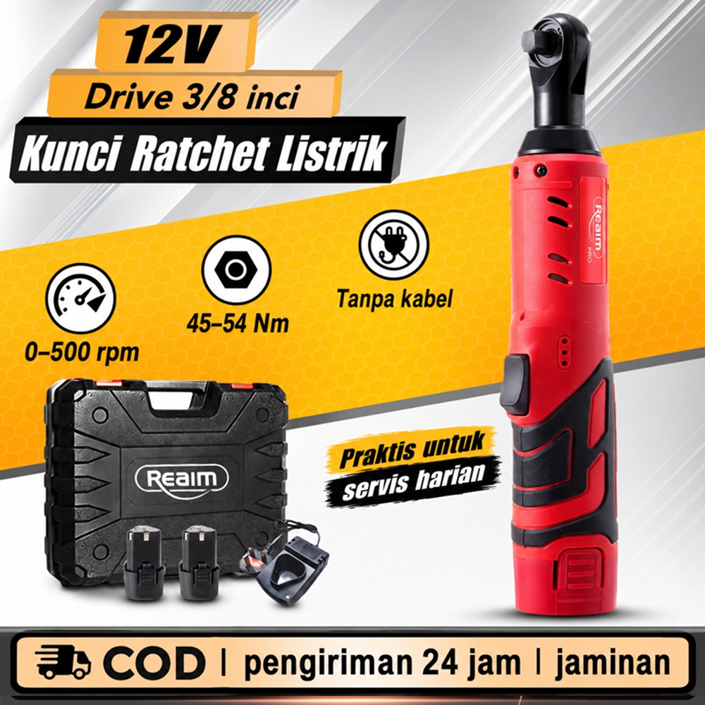 REAIM Kunci Ratchet Listrik Baterai 12V 3/8 Inch Torsi 45-54Nm Kunci Sok Elektrik untuk Bengkel Motor Mobil