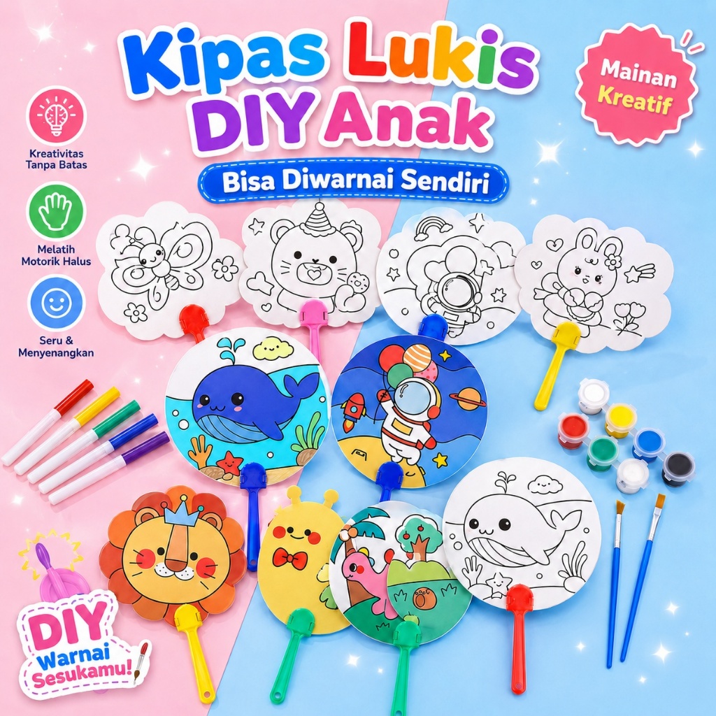 DIY Mewarnai Kipas Kertas Anak Kipas Lukis Kreatif Prakarya TK PAUD Souvenir Ulang Tahun Goodie Bag Anak