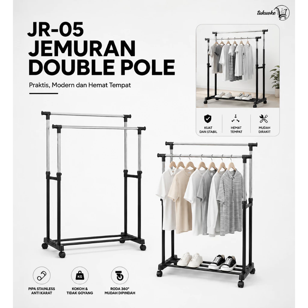 JEMURAN BAJU DOUBLE POOL RAK BESI STAINLEES / STAND HANGER BESI STAINLEESS | Rp80.901