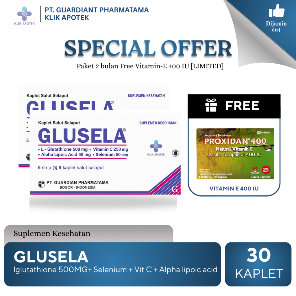 glusela glutathione Jual GLUSELA+VITAMIN E (BUNDLING) l L-GLUTATHIONE 500MG+VIT E 400IU Jual Glusela Suplemen Kesehatan Per