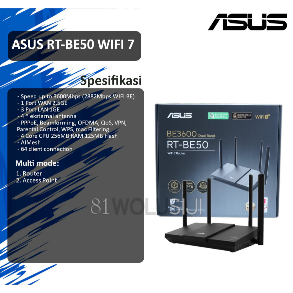 Jual ASUS RT-BE50 dual band wireless BE 3600Mbps indoor router WIFI7 ...
