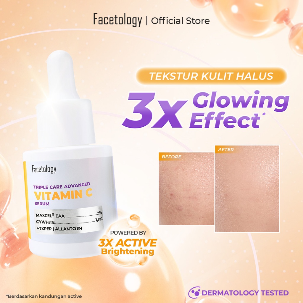 Exclusive Facetology Triple Care Advanced Vitamin C Serum 15ML Serum Instan Glow, Bantu Kulit Kusam dan Melindungi dari Radikal Bebas, Menyamarkan Bekas Jerawat, Menghaluskan Tekstur & Garis Halus dengan Gentle Exfoliation All Skin Type