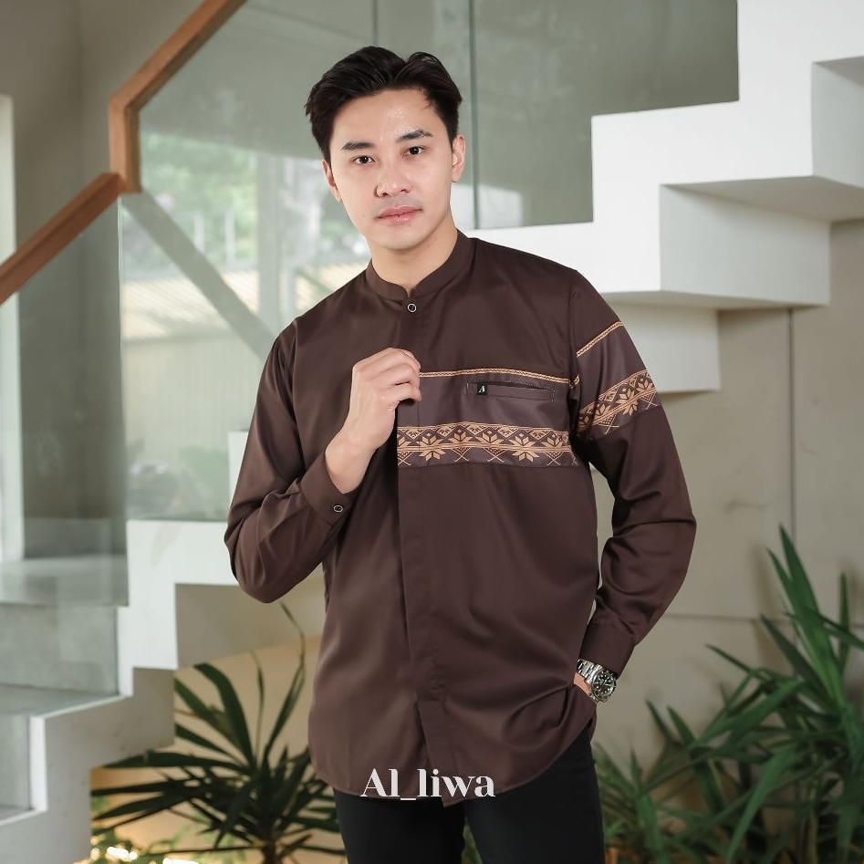 BAJU KOKO PRIA  LENGAN PANJANG KEMEJA KOKO WARNA MAHOGANY PUTIH NAVY MOCCA ABU HITAM OLIVE M L XL