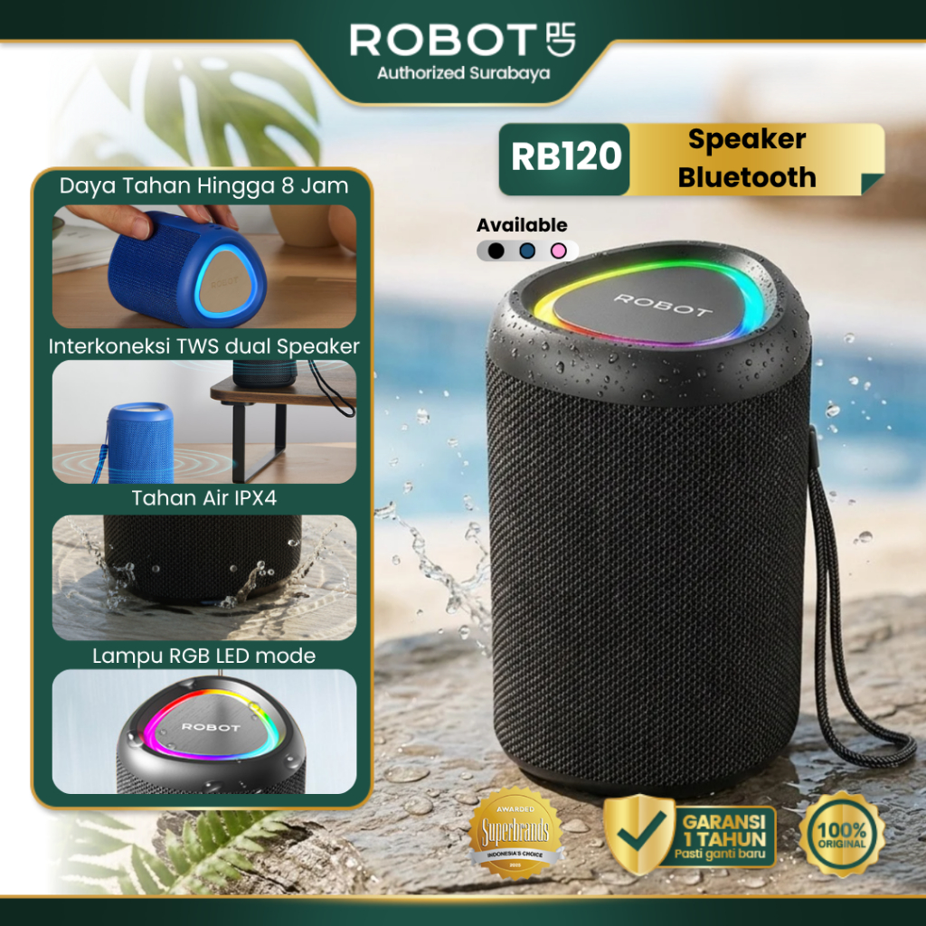 ROBOT Speaker Bluetooth Suara Bass Kencang RGB Light Tahan Air IPX4 TWS Stereo Bluetooth 5.3 1200mAh Garansi Resmi 1 Tahun - RB120