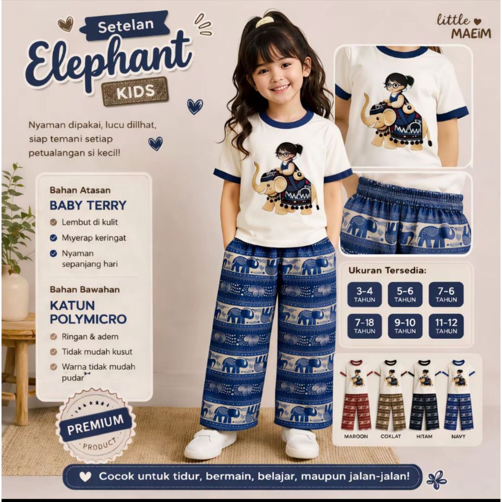 Setelan Gajah Thailand Anak Perempuan Lucu, Nyaman & Kekinian Usia 3-12 Tahun Baju Anak Perempuan Style Celana Mihu Mihu