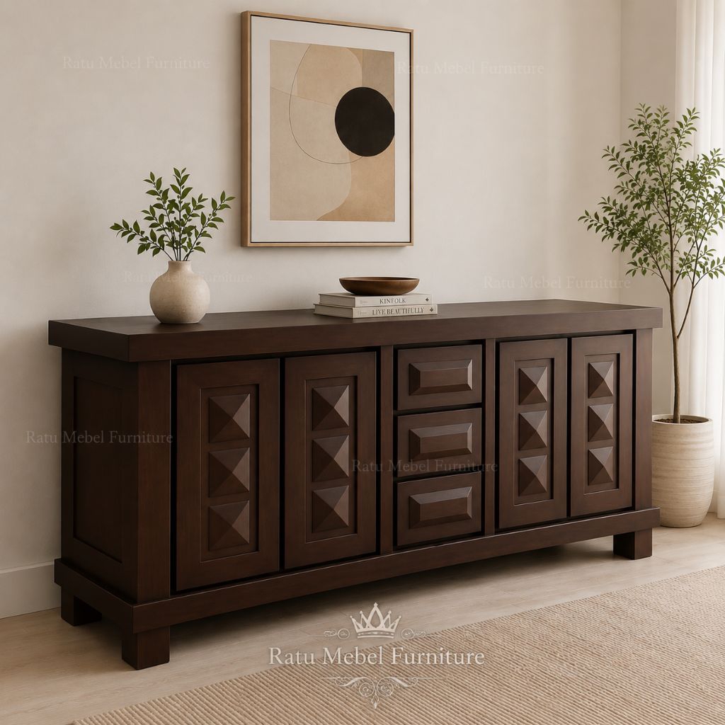 Bufet TV Minimalis Kayu Jati Solid 4 Pintu 3 Laci Meja Cabinet Ruang Tamu Modern