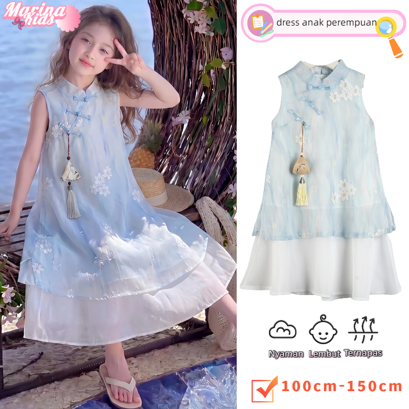 Marina Dress Anak Perempuan Qipao Lengan Tanpa Gradien Biru foto 1