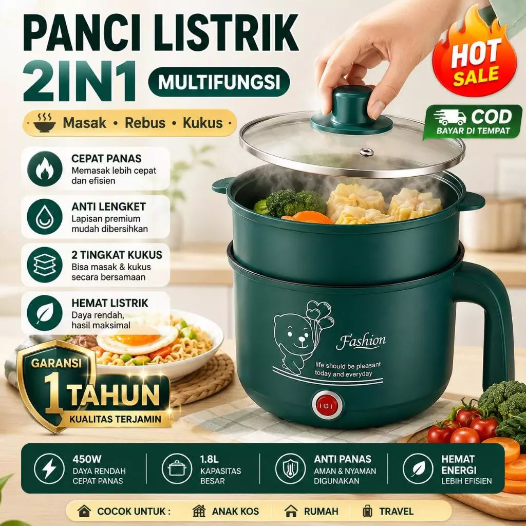 Panci Listrik Multifungsi Mini Portable – Panci Elektrik Anti Lengket untuk Goreng Rebus Kukus + Free Steamer