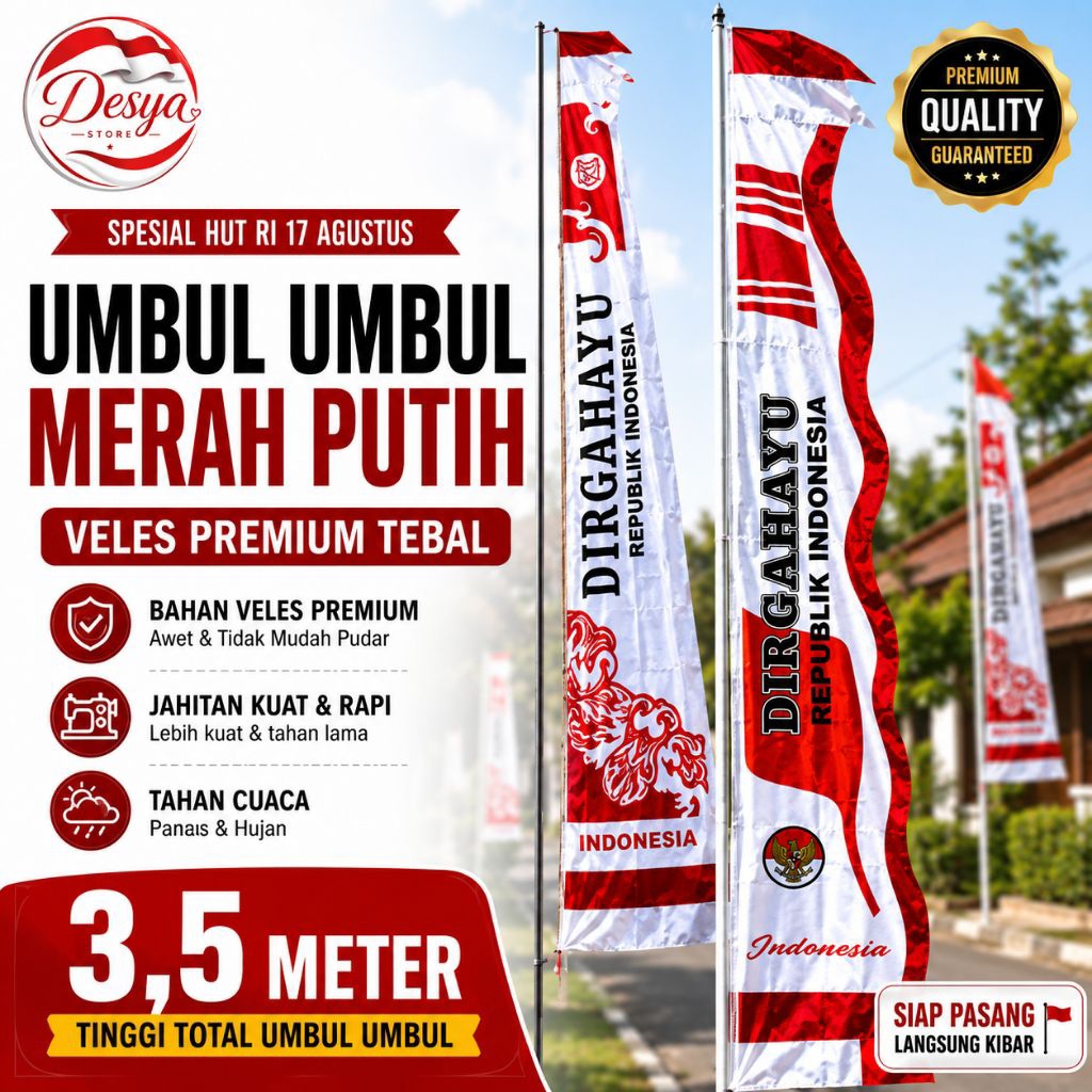 Umbul Umbul Bandir Merah Putih 3.5 Meter Kain Veles Premium HUT RI 17 Agustus Outdoor