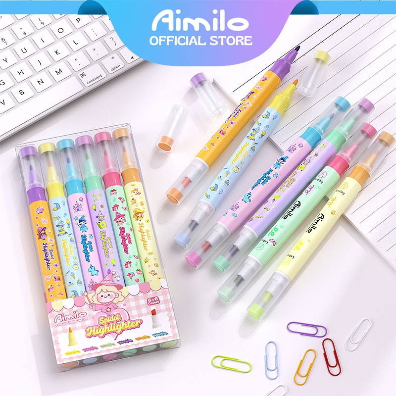 Jual Aimilo - Spidol Highlighter Dual Tip 12 Warna 6 PCS Pelapisan ...