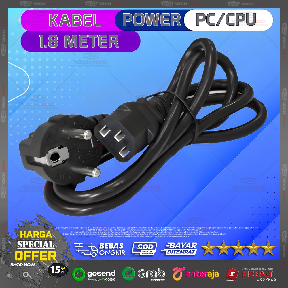 Jual Kabel Power Komputer PC CPU 1.8M / 1,8 Meter / 180CM 3 Lubang ...