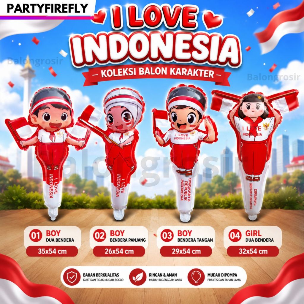 Balon Foil Tangkai Bendera Merah Putih / Balon DIRGAHAYU RI 17 Agustus/Balon Foil Pentungan Bendera Stik Garuda Merah Putih-50 PCS