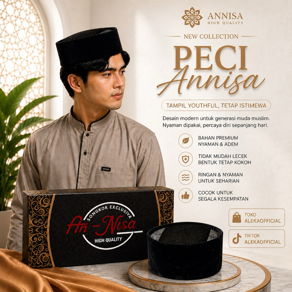 Peci Songkok Kopiah AC Premium Tinggi 7cm 8cm 9cm 10cm Bludru Halus Piegon Hitam Pekat Kopya Kopeah Original Annisa