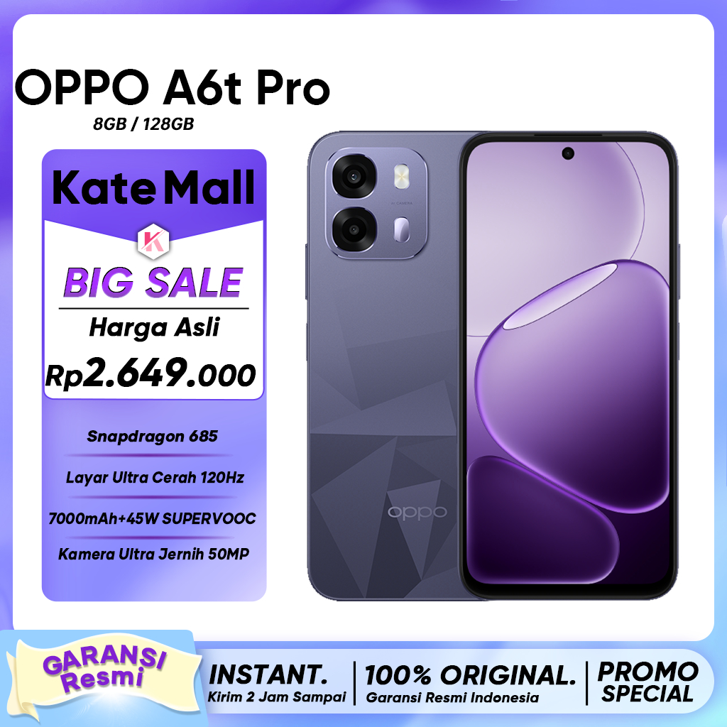 Hp OPPO A6t Pro (8/128GB) Snapdragon 685 7000mAh Large Battery 45W SUPERVOOC Garansi Resmi