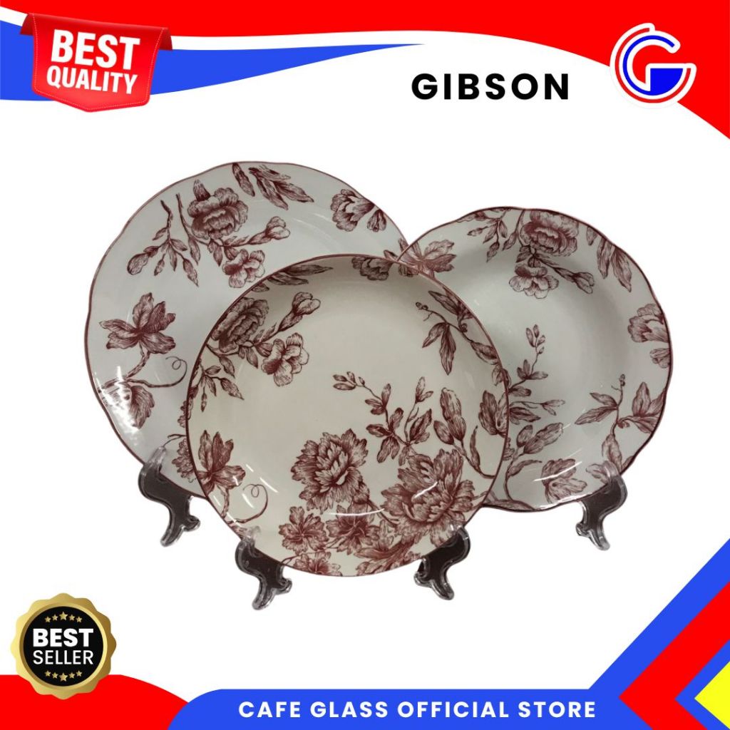 Dinner Set Keramik Gibson - Piring Keramik Motif Bunga Merah - Keramik Tableware Red Floral