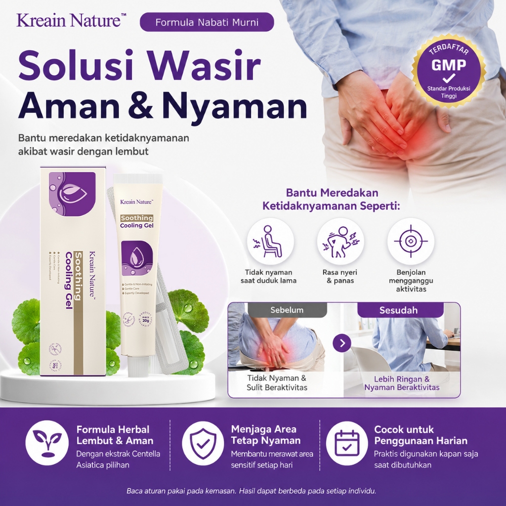 Kreain Nature Gel Herbal Obat Wasir/Ambeien – Untuk Solusi: - Rasa Perih - Bengkak - Ketidaknyamanan - BAB Sakit - BAB Berdarah - Benjolan di Anus - Cepat Terserap & Tidak Lengket