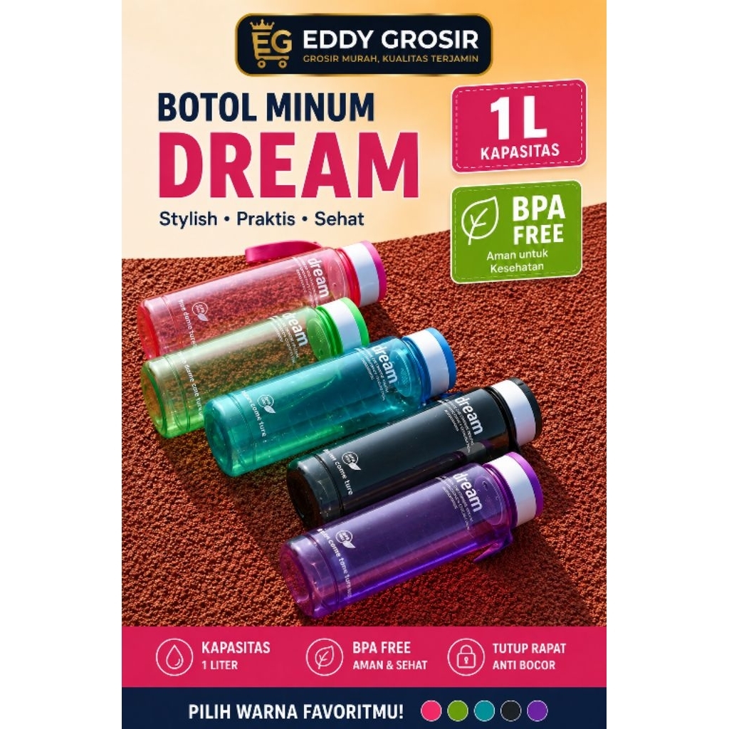 Jual Botol Minum Dream 1 Liter BPA Free Tutup Warna Cerah Simple Botol ...