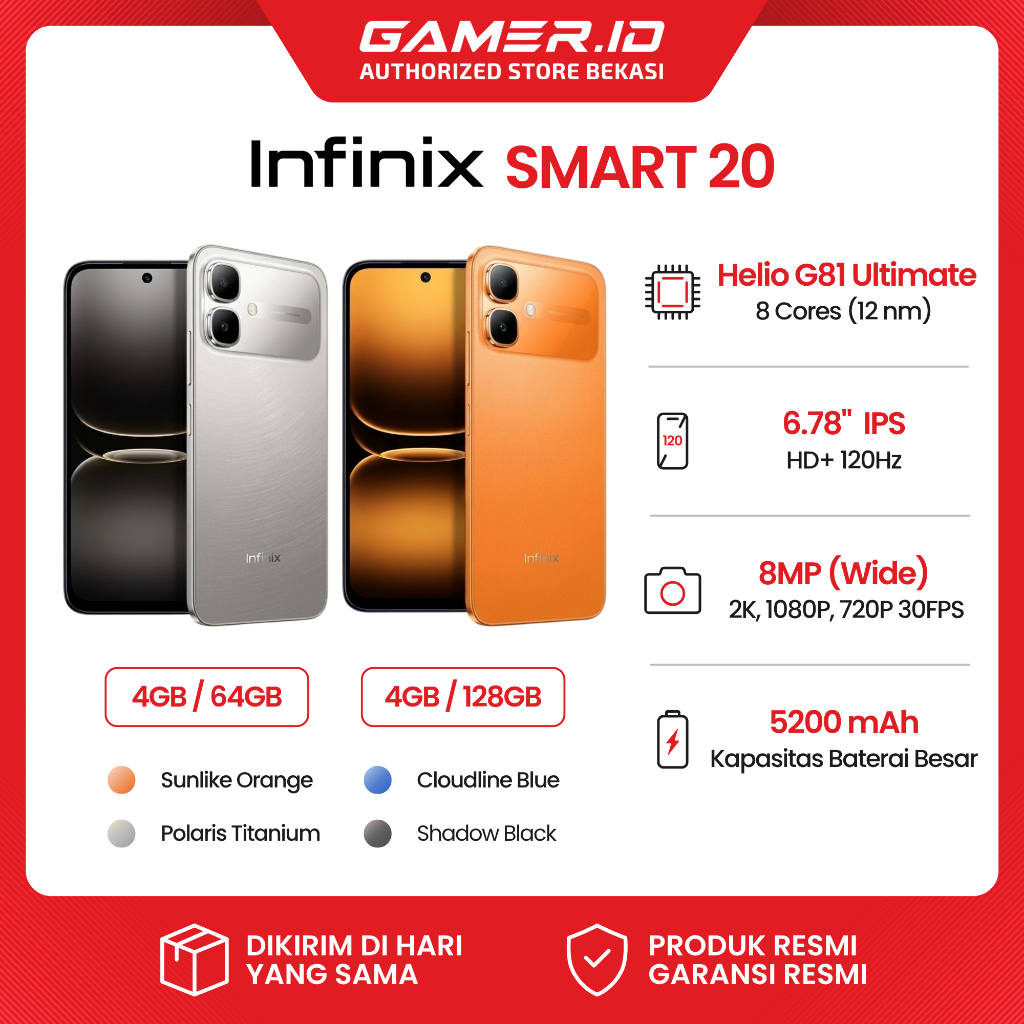 Infinix Smart 20 4G 4/128GB Layar 120Hz 6.78" FHD+ Helio G81 Ultimate Garansi 1 Tahun RESMI