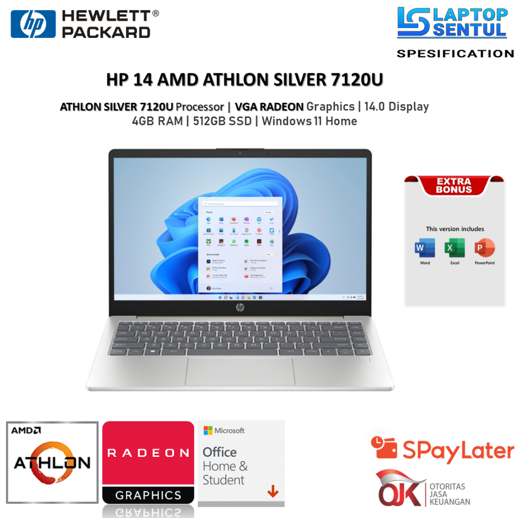 Jual Laptop Hp 14 AMD Athlon Silver 7120U Ram 4GB DDR5 512GB SSD