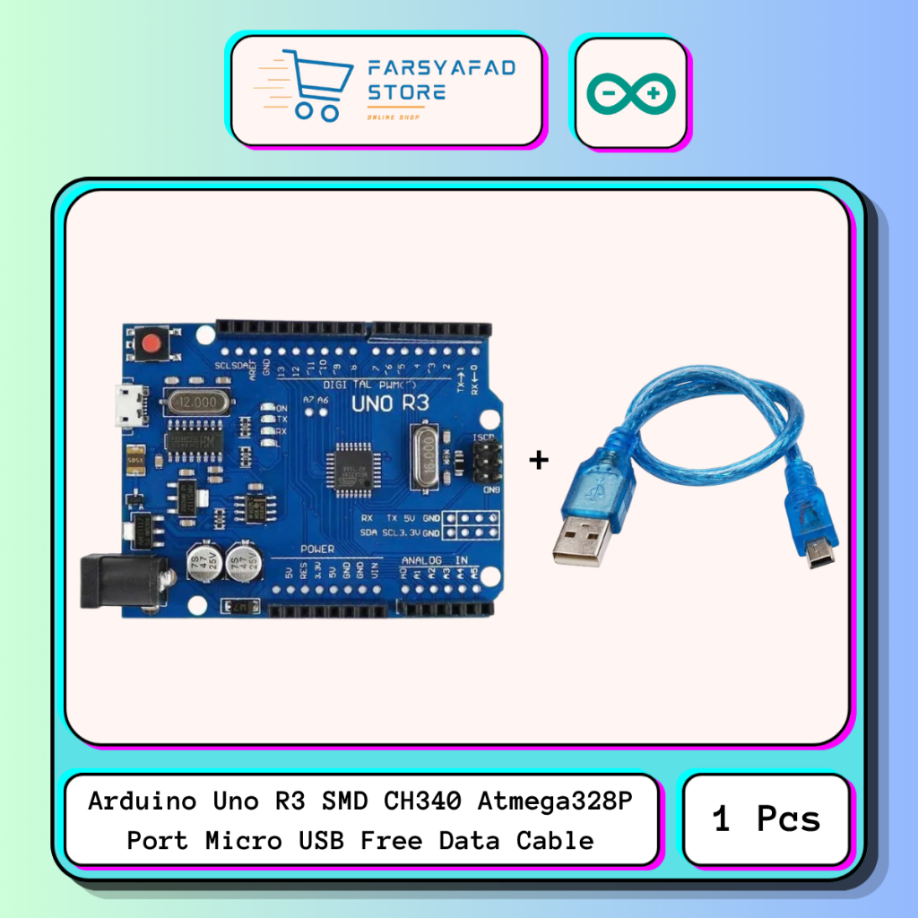 Jual Arduino Uno R3 SMD CH340 Atmega328P Port Micro USB Free Data Cable ...