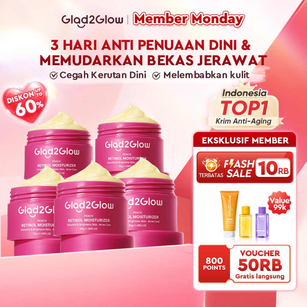 Glad2Glow Peach Retinol Moisturizer Pelembab Anti Penuaan Penghalang Kulit Mencerahkan Flek Hitam Mengurangi kerutan mencerahkan warna kulit menghaluskan kulit mengecilkan membesar melembabkan g2glow official store