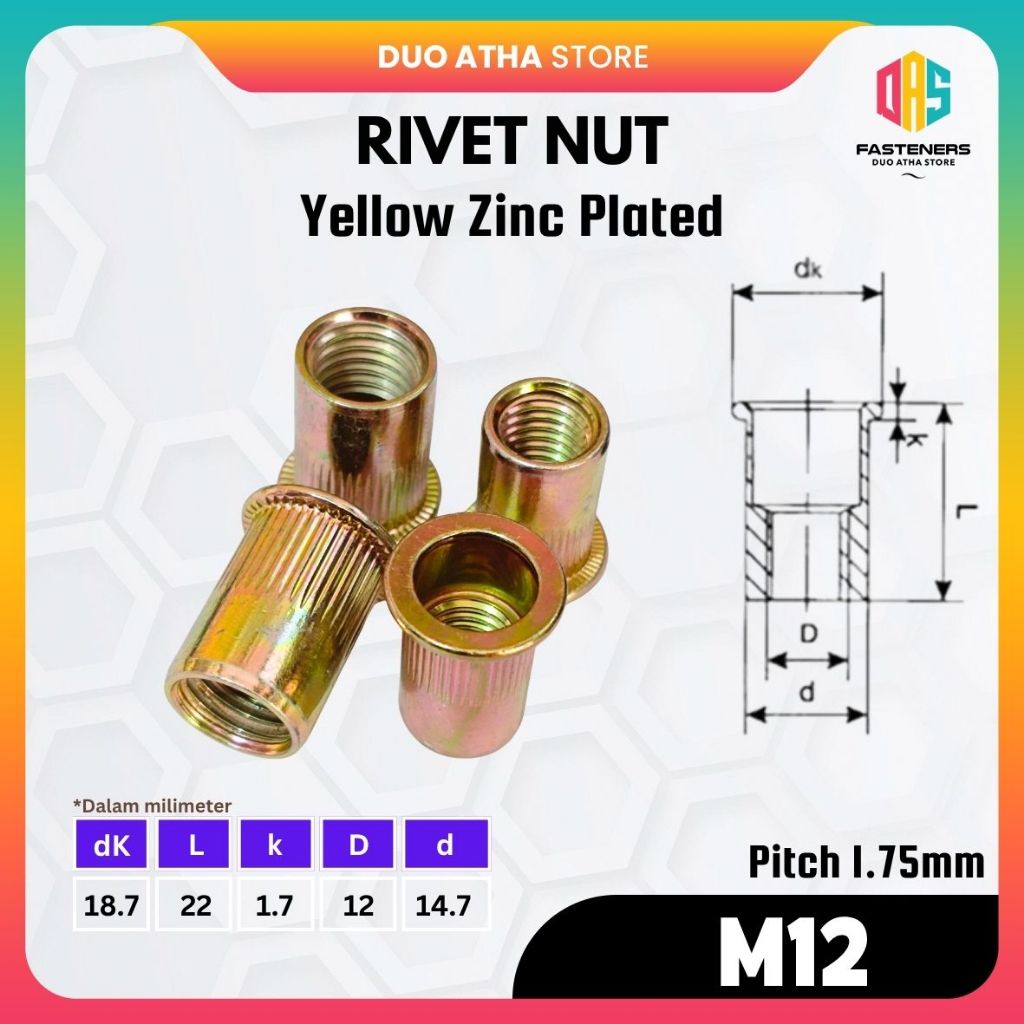 Jual Rivet Nut M12 Yellow / Mur Rivet M12 Kuning / Insert Nut M12 ...