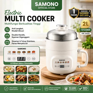 SAMONO Panci Listrik Multifungsi 2 Liter Electric Multi Cooker Digital 600 Watt Panci Elektrik Untuk Hot Pot Bubur Sup Stew Rebus Kukus Penghangat Makanan 6 Menu Otomatis Keramik Anti Lengket Kukusan Stainless Timer Hingga 12 Jam SW-DG05