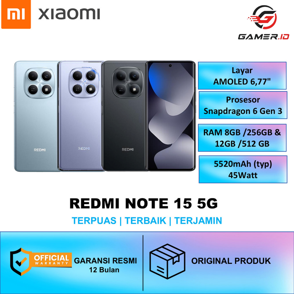 NEW REDMI NOTE 15 5G RAM 12 GB / 512 GB  Layar AMOLED 6,77" Prosesor Snapdragon 6 Gen 3 5520 mAh 45 watt