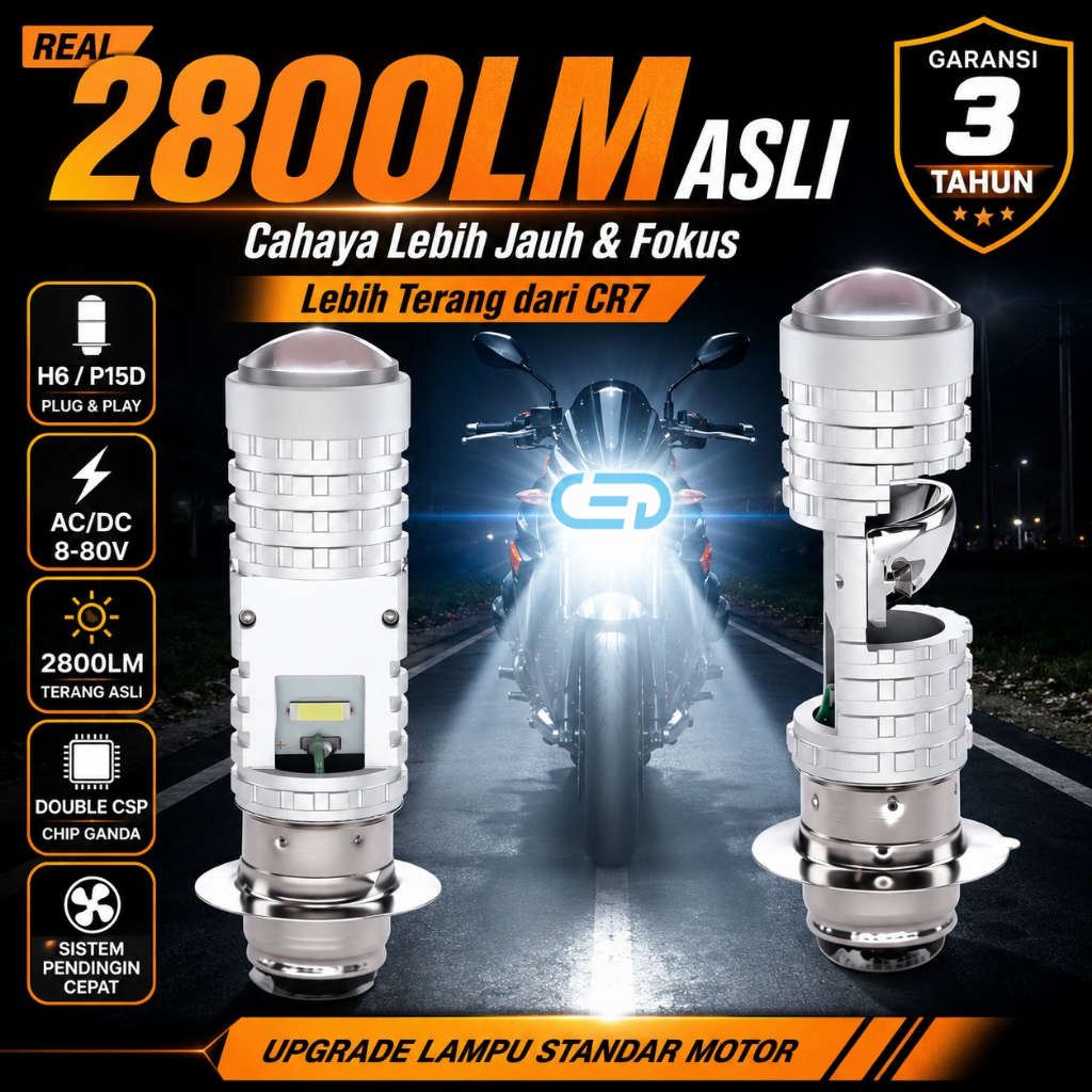 Lampu LED Motor H6 P15D CED M2-OSL 24W 2800LM REAL Super Terang | Upgrade Lebih Terang & Lebih Fokus dari CR7 | Putih Laser 6000K 8-80V IP68 Plug & Play | Mio BeAT Fino Jupiter Address | Garansi Resmi 3 Tahun