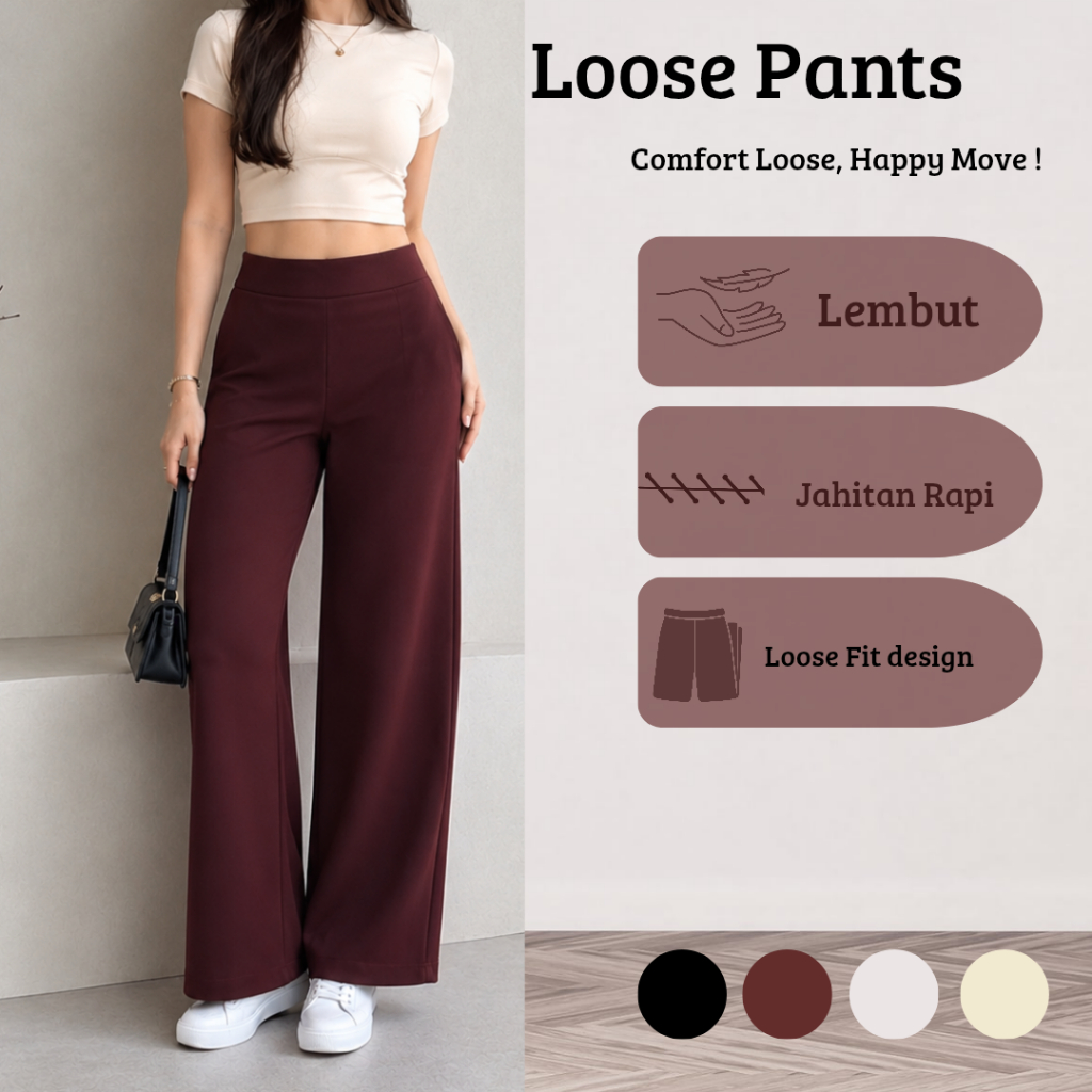 Elzurra – Loose Pants Celana Kulot Scuba Premium Wanita Highwaist Jumbo Big Size Dewasa Bawahan Panjang Model Lurus Tebal Stretch Nyaman Formal Casual