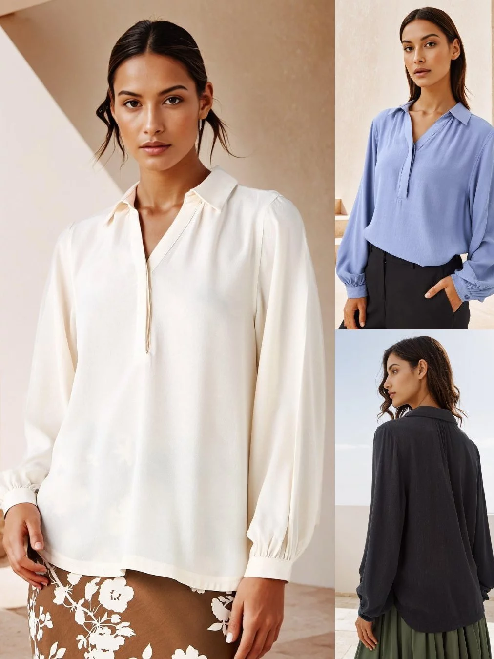 Blouse Kerah V-Neck Bahan Lyocell Bertekstur SPL Regular-Fit Textured Collared Top - 2663