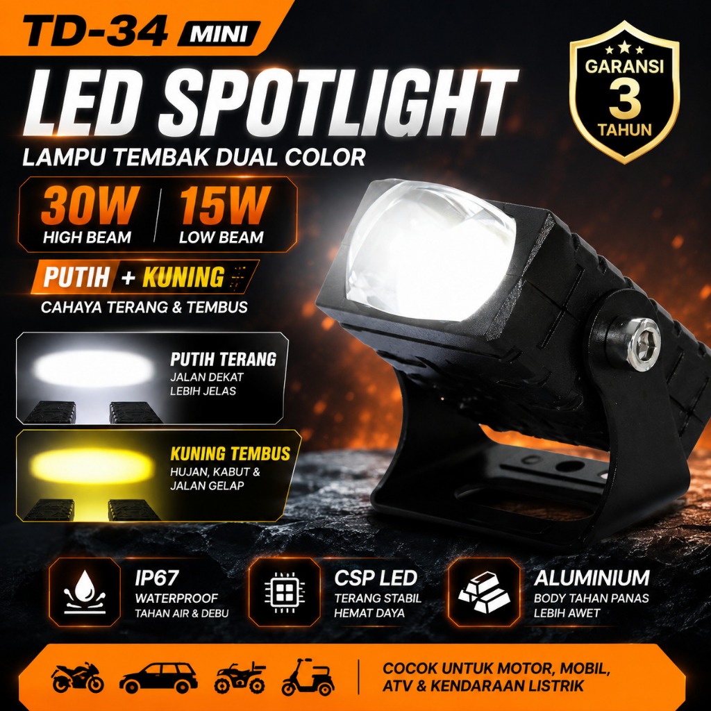 CED Lampu Tembak Motor LED Super Terang 30W Lampu Sorot Tambahan Motor Mobil Dua Warna IP67 Waterproof Universal TD-34 MINI Garansi 3 Tahun