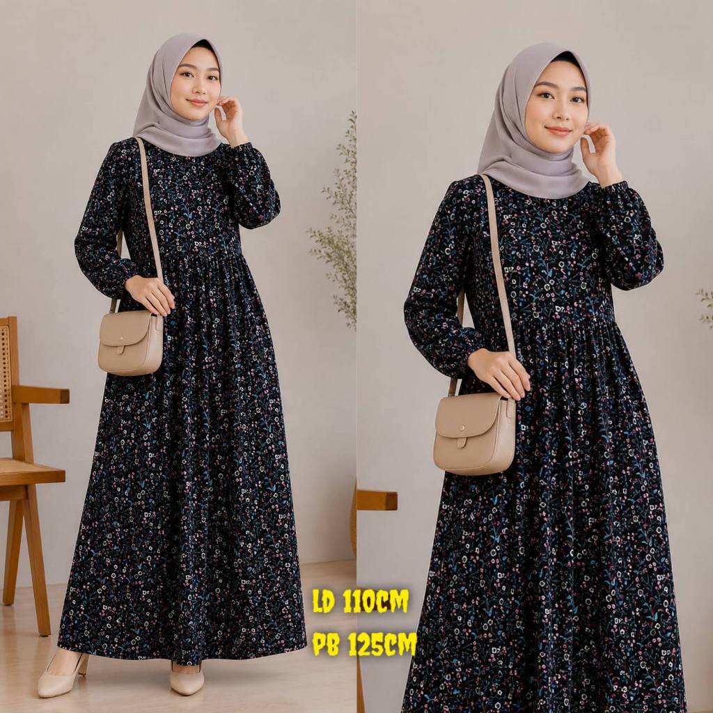 Dress Anjani Wanita Muslim Dewasa Kekinian Rayon Diamond Motif Panjang LD 110cm - Gamis Lebaran Karet Nyaman Kain Viscose Menyusui Katun Midi Lembut Santai Midi Ibu