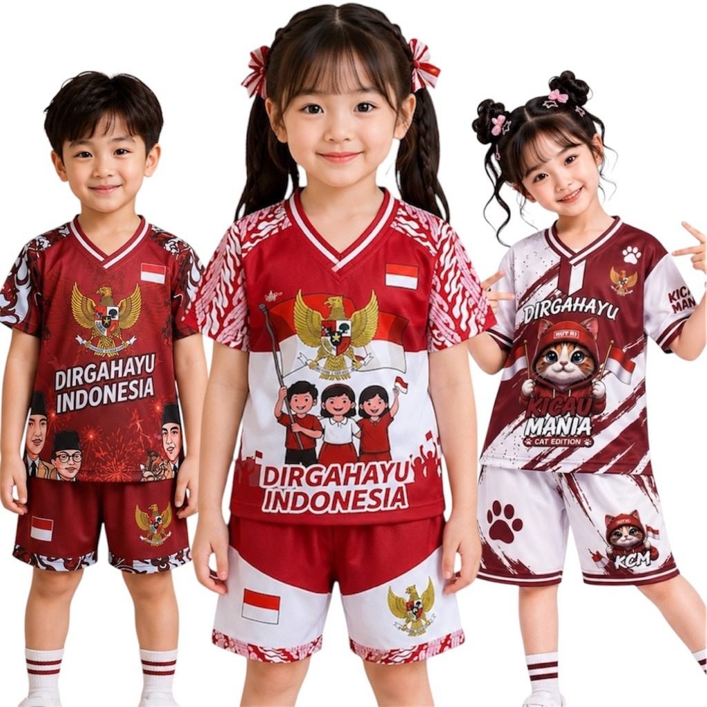 setelan jersey anak-anak/motif dirgahayu 17 agustus/17 agustus/17 agustus kicau mania/set kaos anak-anak lengan pendek celana pendek unisex