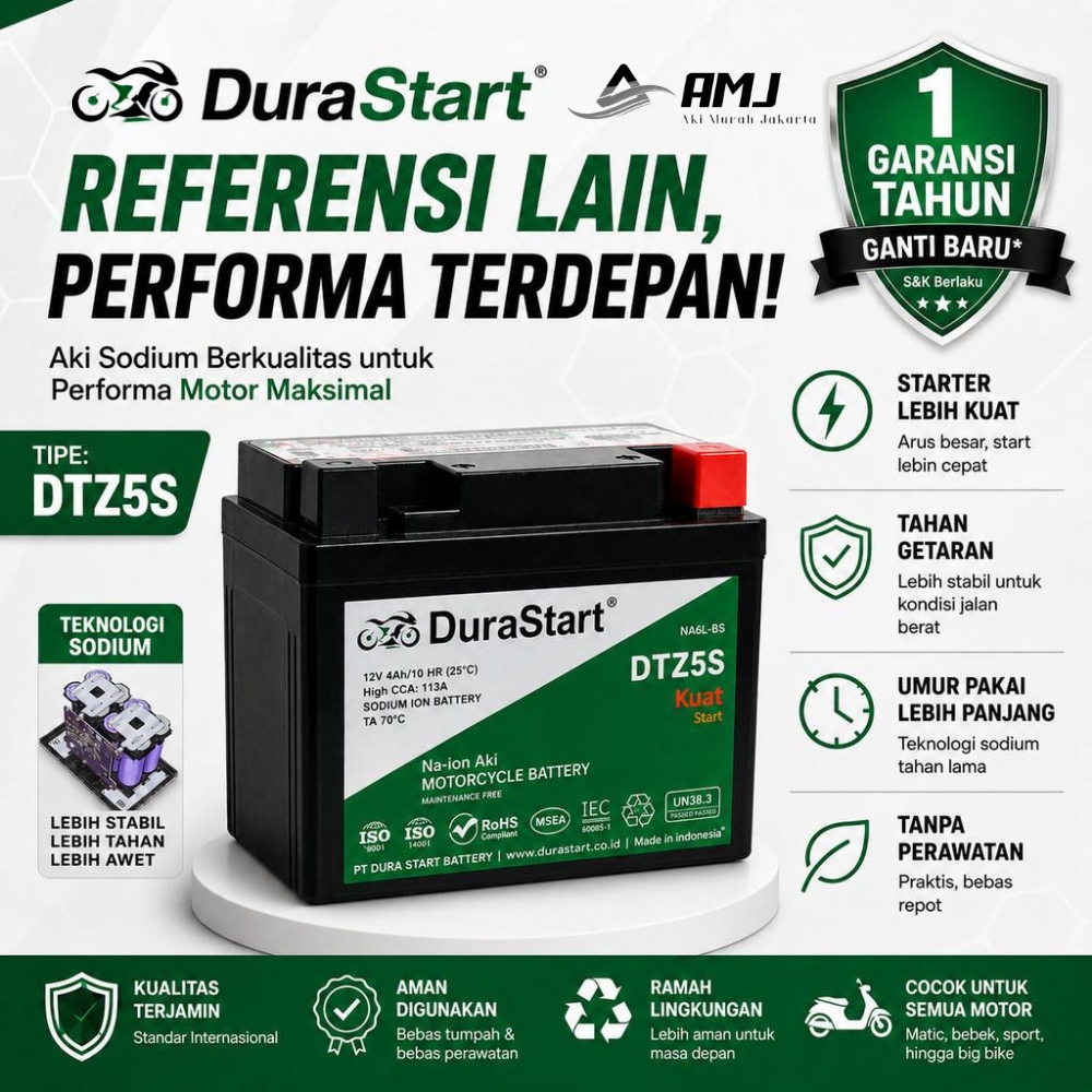 DuraStart Aki Motor Sodium Kawasaki KLX 150 / KLX 250 DTZ5S - Aki Sodium High CCA / Aki Kering