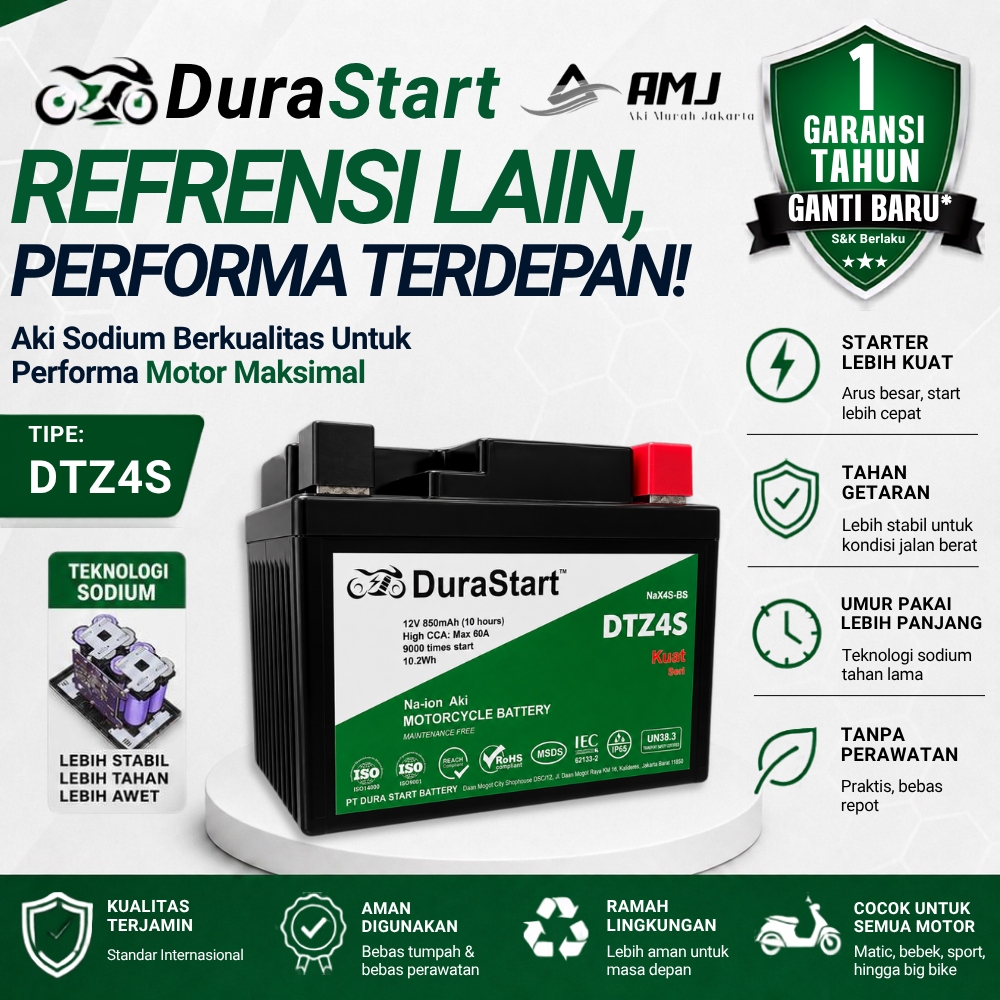 DuraStart Aki Motor Sodium Beat / Vario / Scoopy / Mio / Supra DTZ4S - Aki Sodium High CCA / Aki Kering
