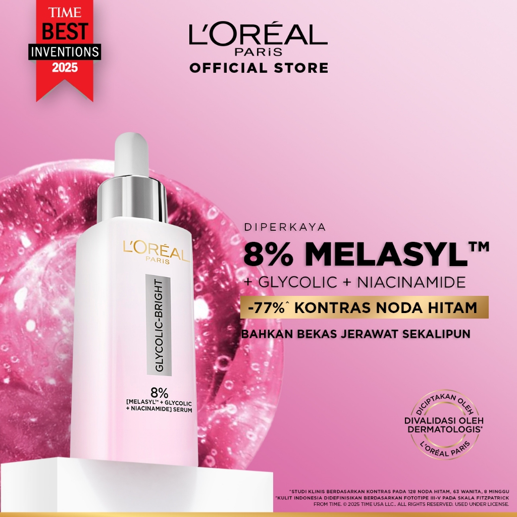 L'Oreal Paris Glycolic Bright 8% [MELASYL + GLYCOLIC + NIACINAMIDE] ANTI-DARK SPOT BRIGHTENING SERUM (Mencerahkan kulit & Menyamarkan Noda hitam bahkan bekas jerawat sekalipun)  Kulit Kusam, Noda Hitam, Bekas Jerawat, Eksfoliasi  Brightening serum