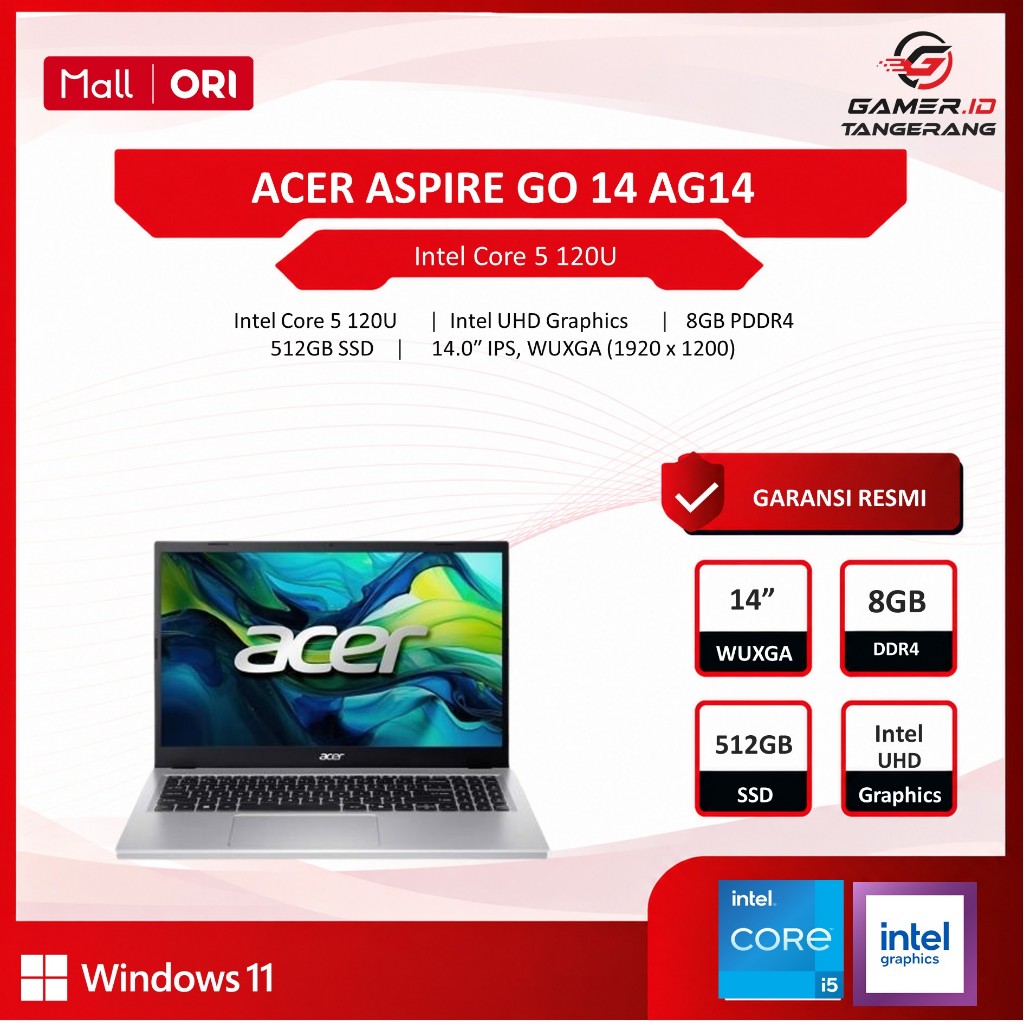 Jual ACER ASPIRE GO 14 AG14 CORE I5 120U 8GB 512GB W11+OHS+M365B 14 ...