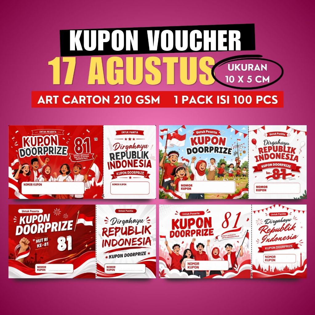 Cetak Kupon Doorprize Hadiah 17 Agustus Free Desain isi 100pcs Bahan Art Carton 210 gr