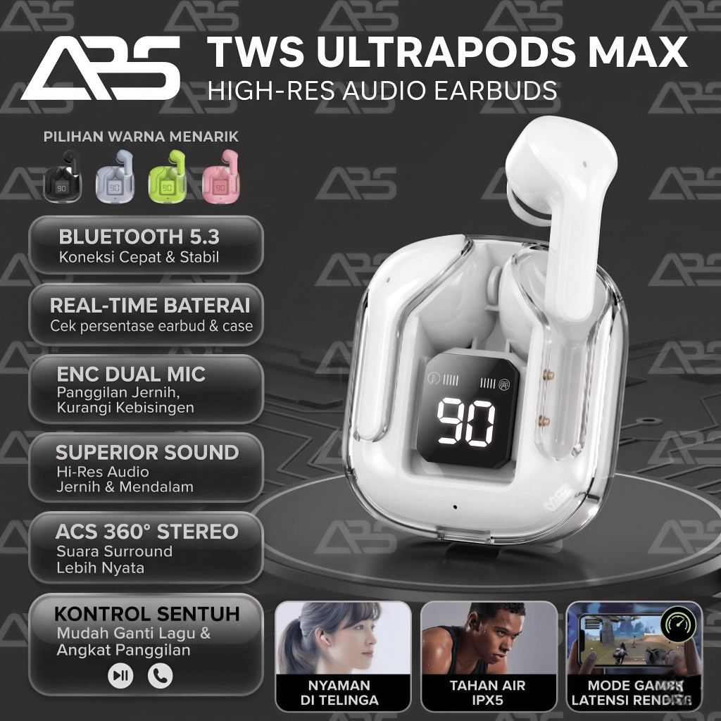 Headset Bluetooth TWS Ultrapods Max In Ear Bluetooth 5.3 Gaming Music Sports Headset Stereo Nirkabel Kualitas Tinggi Low Latency Super Long Battery Life Dengan Mic HD Call Headphone